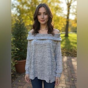 Loft Ann Taylor French Terry Sweater gray white Large cotton off the shoulder